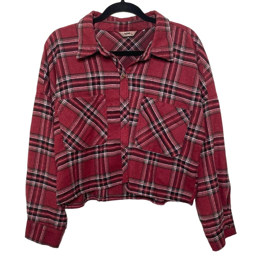 Ci Sono Shirt Plaid Long Sleeves Button Up Cropped Pocket Red L Country Concert